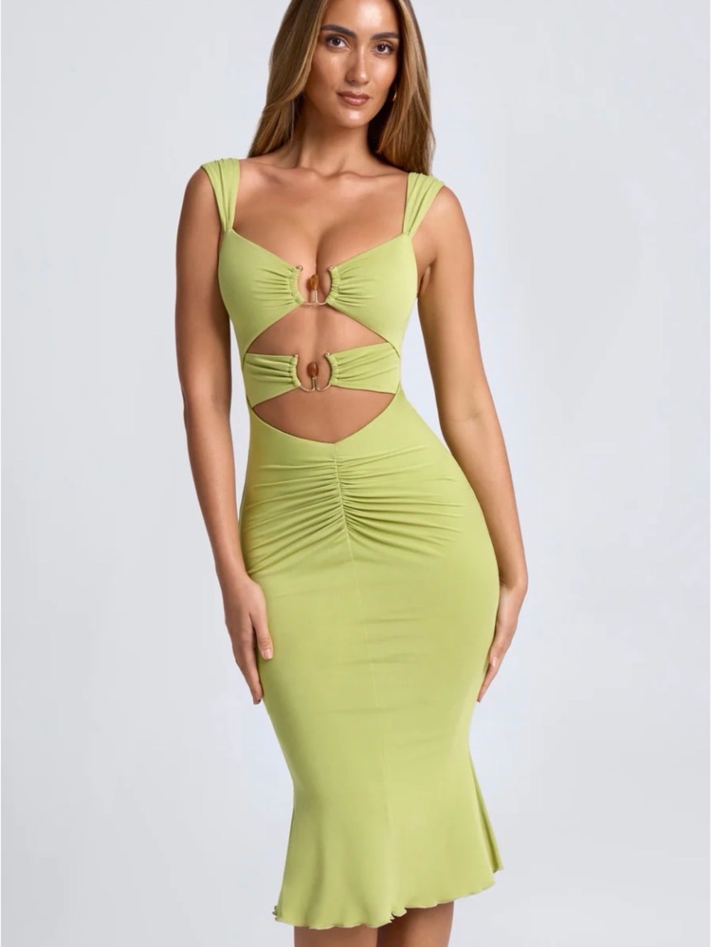 Oh Polly Aelia Modal Ruched Hardware Detail Cut-Out Midi Dress in Lime Green